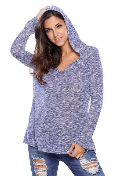*WILD ROSE* Blue Hooded V-Neck Long Sleeve Loose Knitted Top - S/M/L
