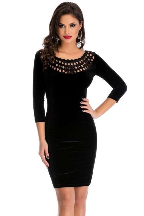 *WILD ROSE* Black Hollow Out Round Neck Sleeved Velvet Dress - S/M/L
