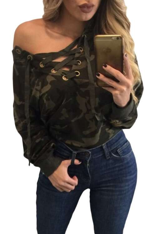 *DIVA RANGE* Lace Up V-neck Camouflage Long Sleeve Top