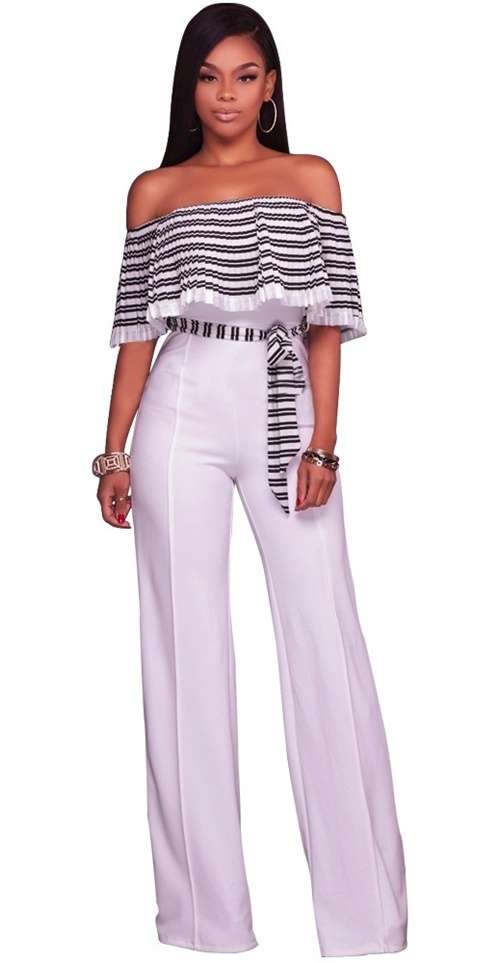 *WILD ROSE* Black White Striped Ruffle Off Shoulder Jumpsuit - S/M/L/XL/2XL
