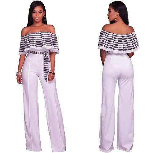 *WILD ROSE* Black White Striped Ruffle Off Shoulder Jumpsuit - S/M/L/XL/2XL