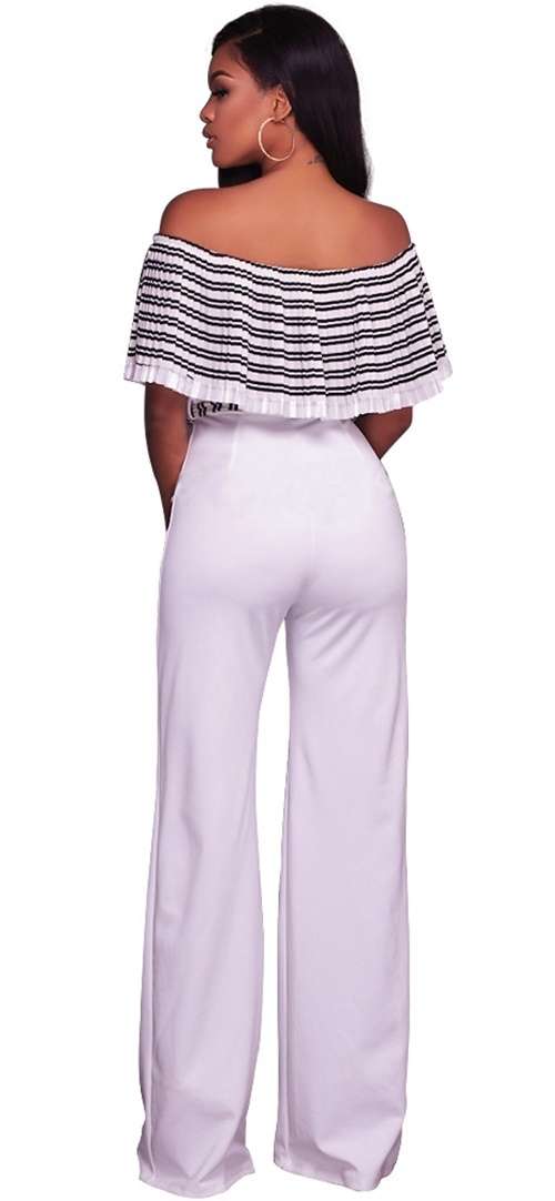 *WILD ROSE* Black White Striped Ruffle Off Shoulder Jumpsuit - S/M/L/XL/2XL