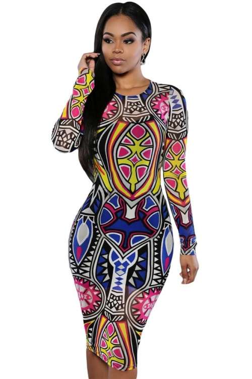 *WILD ROSE* Tribal Print Multi Colour Pencil Dress - S/M/L