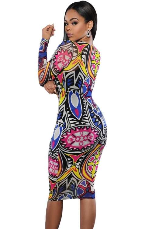 *WILD ROSE* Tribal Print Multi Colour Pencil Dress - S/M/L