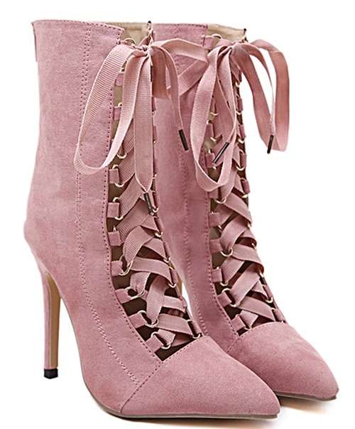 BOOTS/LACE UP BOOTS/STILETTO BOOTS/PINK SUEDE BOOTS