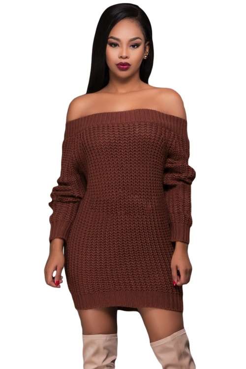 *WILD ROSE* Brown Off Shoulder Shredded Back Sweater Dress - S/M