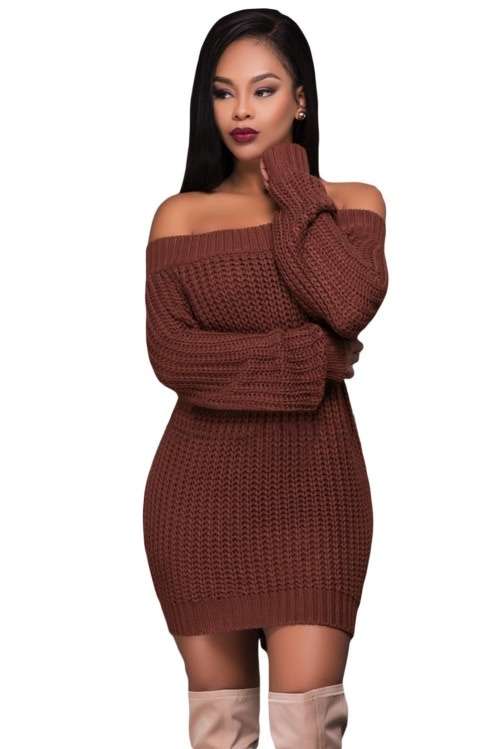 *WILD ROSE* Brown Off Shoulder Shredded Back Sweater Dress - S/M