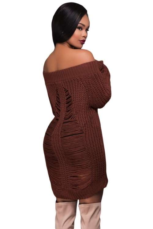 *WILD ROSE* Brown Off Shoulder Shredded Back Sweater Dress - S/M