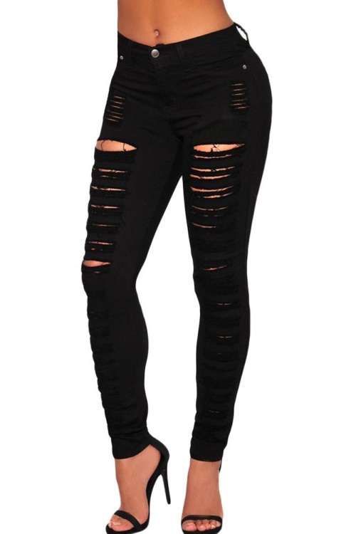 *WILD ROSE* Black Denim Destroyed High-waist Skinny Jeans - M/L/XL