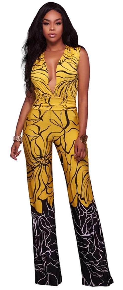 *WILD ROSE* Stylish Rose Printed Deep V Neck Wide Leg Jumpsuit - S/M/L/XL
