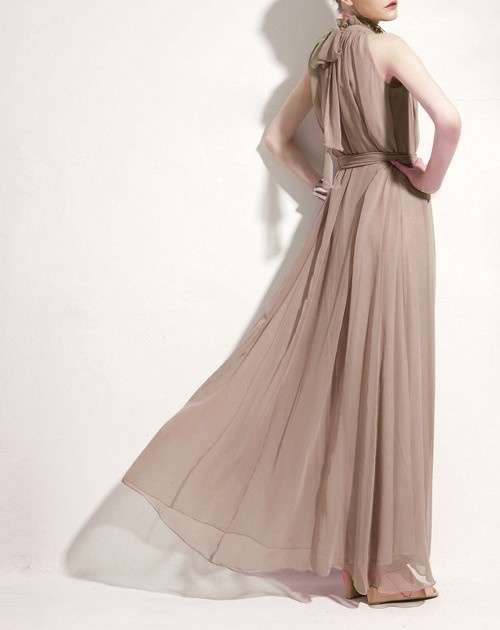 *WILD ROSE* Beige Chiffon Halterneck Formal Evening Bridesmaid Dress - S/M/L/XL