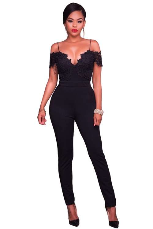 *WILD ROSE* Black Lace Applique Spaghetti Straps Cold Shoulder Jumpsuit - S/M/L