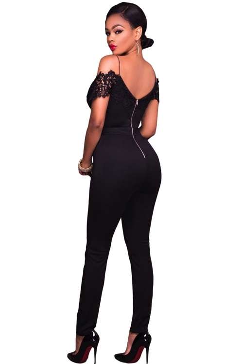 *WILD ROSE* Black Lace Applique Spaghetti Straps Cold Shoulder Jumpsuit - S/M/L