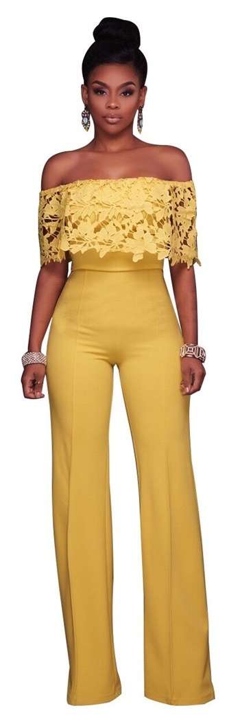 *WILD ROSE* Yellow Lace Off Shoulder Overlay Strapless Jumpsuit - S/M/L/XL