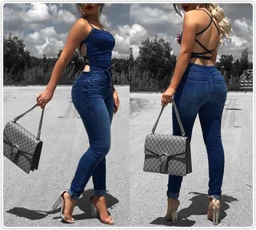 *WILD ROSE* Sexy Crisscross Strappy Open Back Denim Look Jumpsuit- S/M/L/XL/2XL