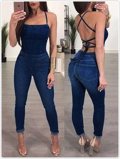 *WILD ROSE* Sexy Crisscross Strappy Open Back Denim Look Jumpsuit- S/M/L/XL/2XL