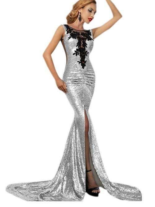 *WILD ROSE* Silver Sequin Split Front Mermaid Prom Dress - M Only