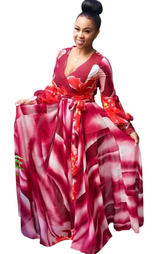 *BIG CLEARANCE!* *LOCAL STOCK!* Red Floral Print Long Sleeve Maxi Dress with Belt - XL