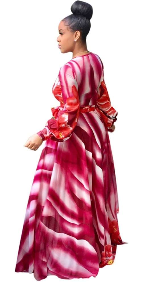 *BIG CLEARANCE!* *LOCAL STOCK!* Red Floral Print Long Sleeve Maxi Dress with Belt - XL