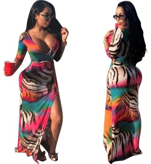 *WILD ROSE* Sexy Plunging Leopard Sleeve Maxi Dress - S/M/L/XL/2XL