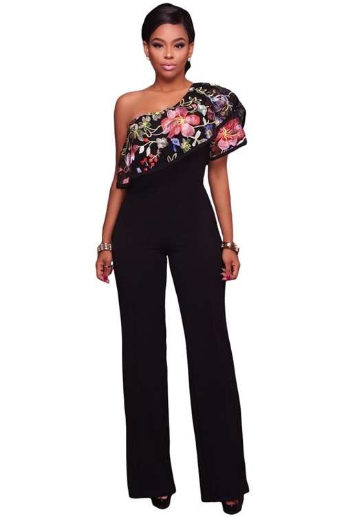 *WILD ROSE* Black One Shoulder Embriodered Ruffle Jumpsuit - S/M/L