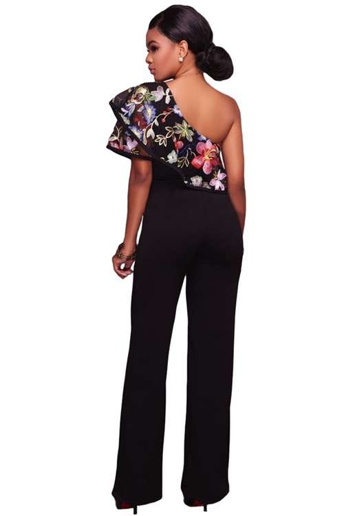 *WILD ROSE* Black One Shoulder Embriodered Ruffle Jumpsuit - S/M/L