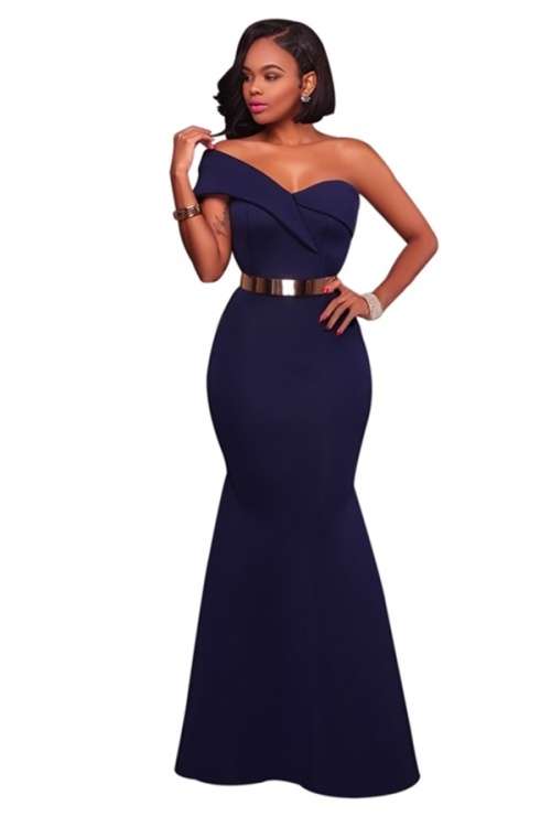 *WILD ROSE* Navy Blue Sexy One Shoulder Ponti Gown - S/M/L