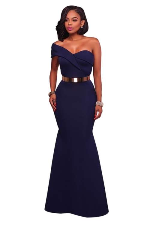 *WILD ROSE* Navy Blue Sexy One Shoulder Ponti Gown - S/M/L