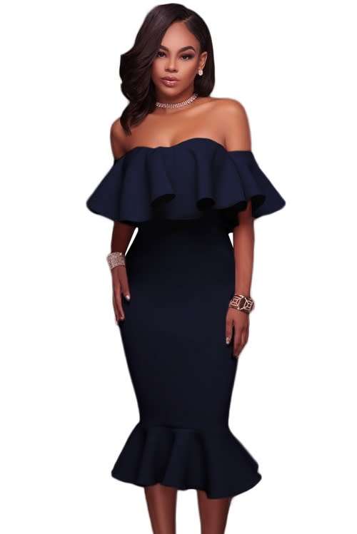 *WILD ROSE* Blue Ruffle Off Shoulder Mermaid Midi Party Dress - M/L/XL