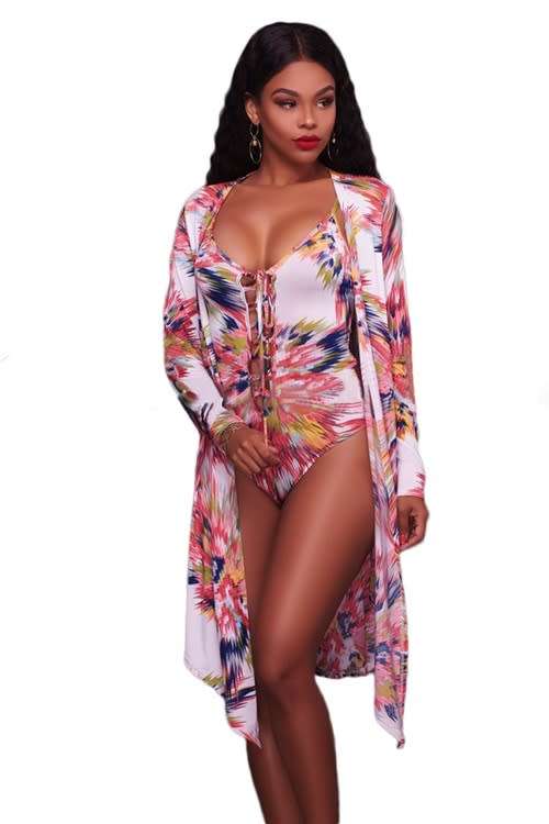 *WILD ROSE* Abstract Print Teddy Swimsuit with Long Cover Up - S/M/L/XL