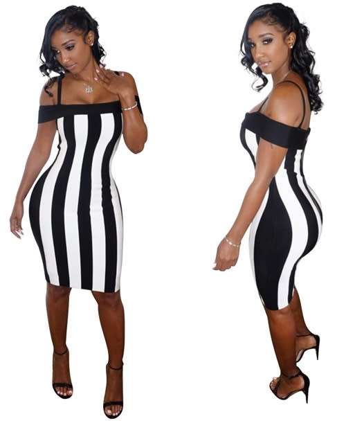 *WILD ROSE* Vertical Stripe Off Shoulder Straps Bodycon Dress - S/M/L/XL