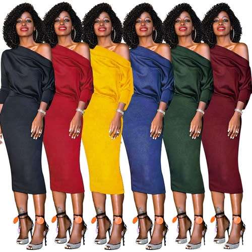 *WILD ROSE* Burgundy 3/4 Sleeves One Shoulder Midi Dress - S/M/L/XL/2XL