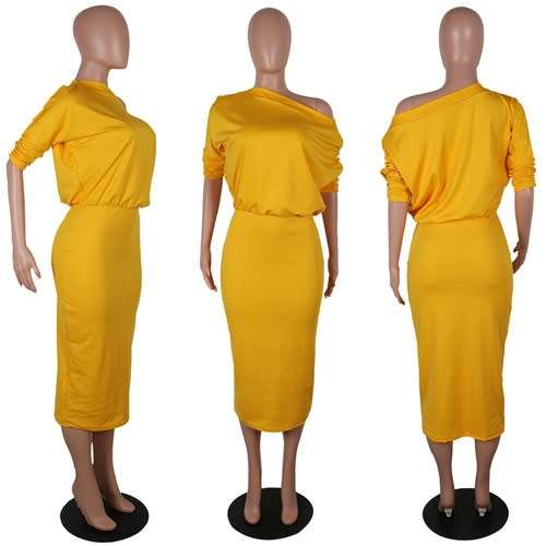 *WILD ROSE* Yellow 3/4 Sleeves One Shoulder Midi Dress - S/M/L/XL/2XL