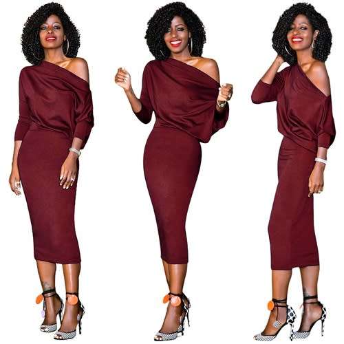 *WILD ROSE* Burgundy 3/4 Sleeves One Shoulder Midi Dress - S/M/L/XL/2XL
