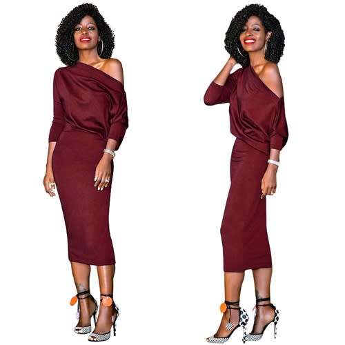 *WILD ROSE* Burgundy 3/4 Sleeves One Shoulder Midi Dress - S/M/L/XL/2XL