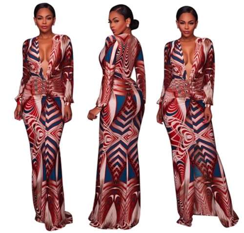 *WILD ROSE* Deep-V Print Maxi Dress with Long Sleeves - S/M/L/XL/2XL/3XL