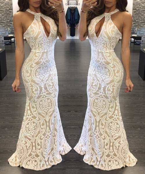 *WILD ROSE* Sexy White Plunge Halter Evening Dress - S/M/L/XL