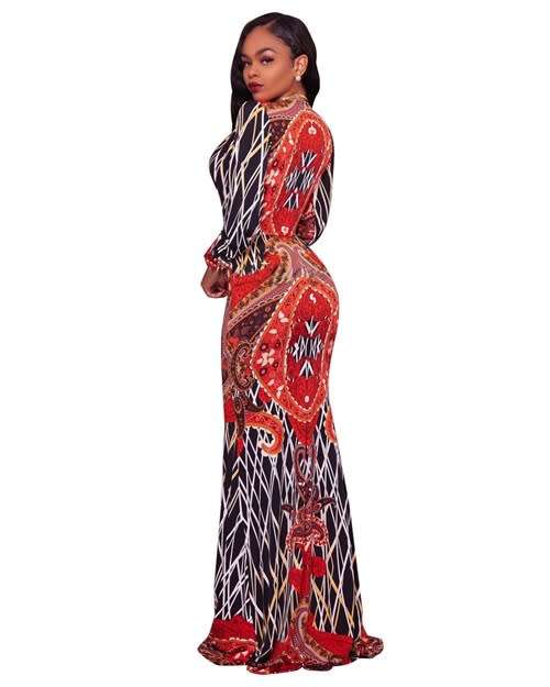 *WILD ROSE* Red Print Deep-V Maxi Dress with Long Sleeves - S/M/L/XL/2XL/3XL