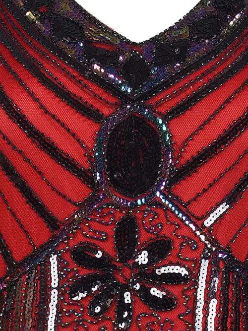 *WILD ROSE* Red Sequins Fringed Art Deco 1920's Flapper Party Evening Dress - S/M/L/XL