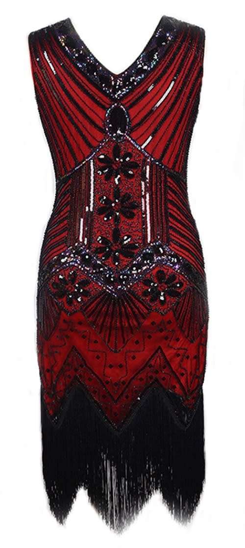 *WILD ROSE* Red Sequins Fringed Art Deco 1920's Flapper Party Evening Dress - S/M/L/XL