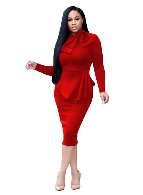*WILD ROSE* Red Long Sleeve Office Midi Dress With Bow - S/M/L/XL