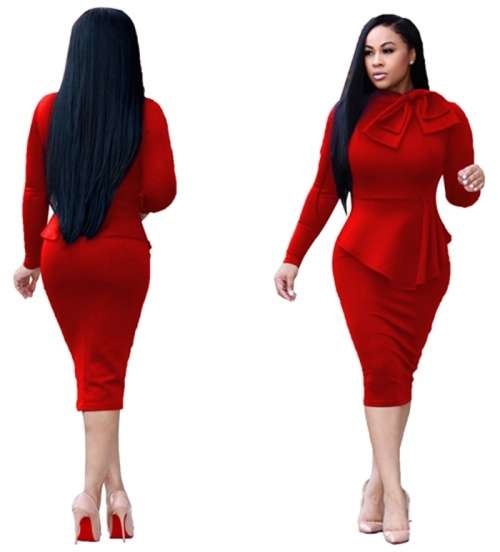 *WILD ROSE* Red Long Sleeve Office Midi Dress With Bow - S/M/L/XL