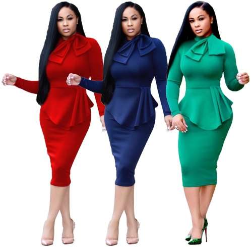 *WILD ROSE* Red Long Sleeve Office Midi Dress With Bow - S/M/L/XL