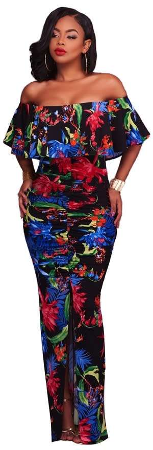 *WILD ROSE* Off Shoulder Women Floral Print Maxi Dress with Overlay - S/M/L/XL