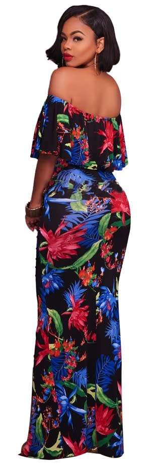 *WILD ROSE* Off Shoulder Women Floral Print Maxi Dress with Overlay - S/M/L/XL