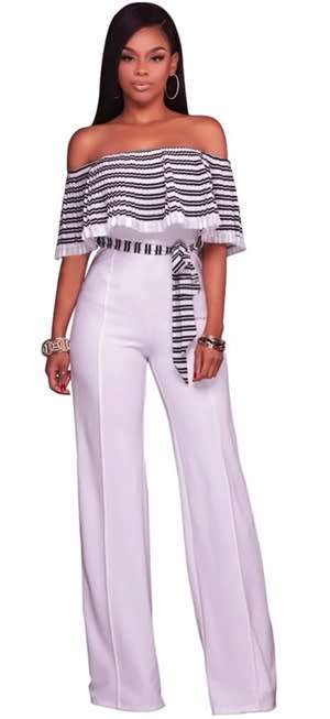 *CLEARANCE SALE* *LOCAL STOCK* Black White Striped Ruffle Off Shoulder Jumpsuit - MEDIUM