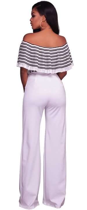 *CLEARANCE SALE* *LOCAL STOCK* Black White Striped Ruffle Off Shoulder Jumpsuit - MEDIUM