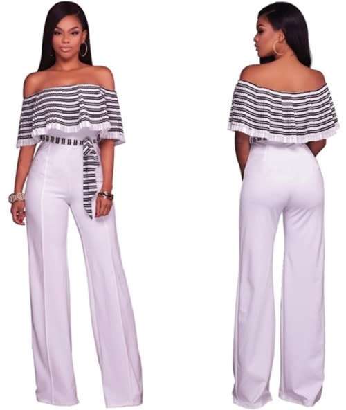 *CLEARANCE SALE* *LOCAL STOCK* Black White Striped Ruffle Off Shoulder Jumpsuit - MEDIUM