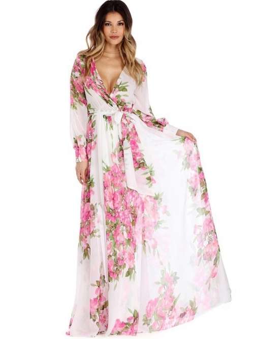 *WILD ROSE* Pink Floral Print Wrapped Long Boho Dress - S/M/L/XL/2XL/3XL