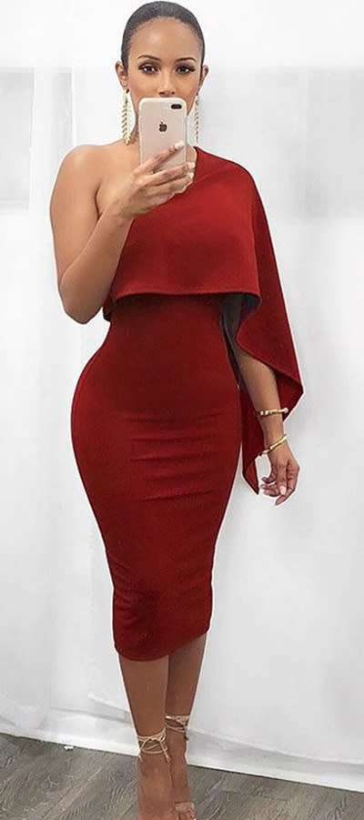 *WILD ROSE* Red One Shoulder Formal Midi Dress - S/M/L/XL